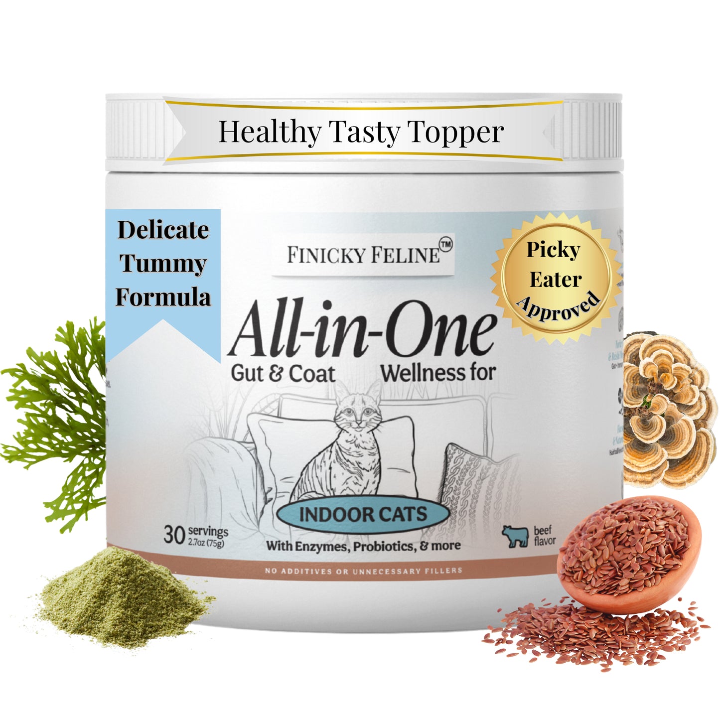 Indoor Cat Multivitamin Food Topper with Omega 3, Probiotics & L-Lysine